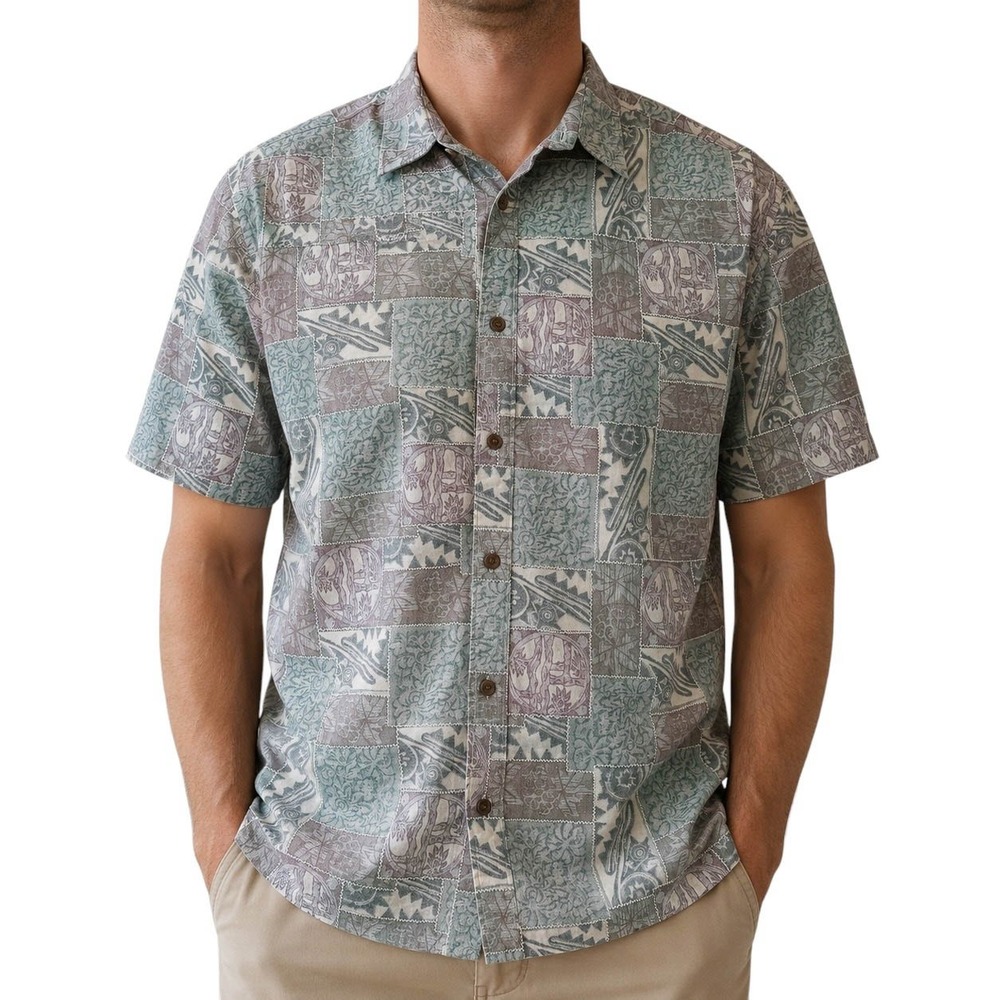 Cooke Street Honolulu Mens XL Cotton Aloha Shirt‎ Patchwork Batik Blue Green